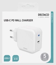 DELTACO USB-C wall charger with PD, 9 V/3 A, 30 W, white
