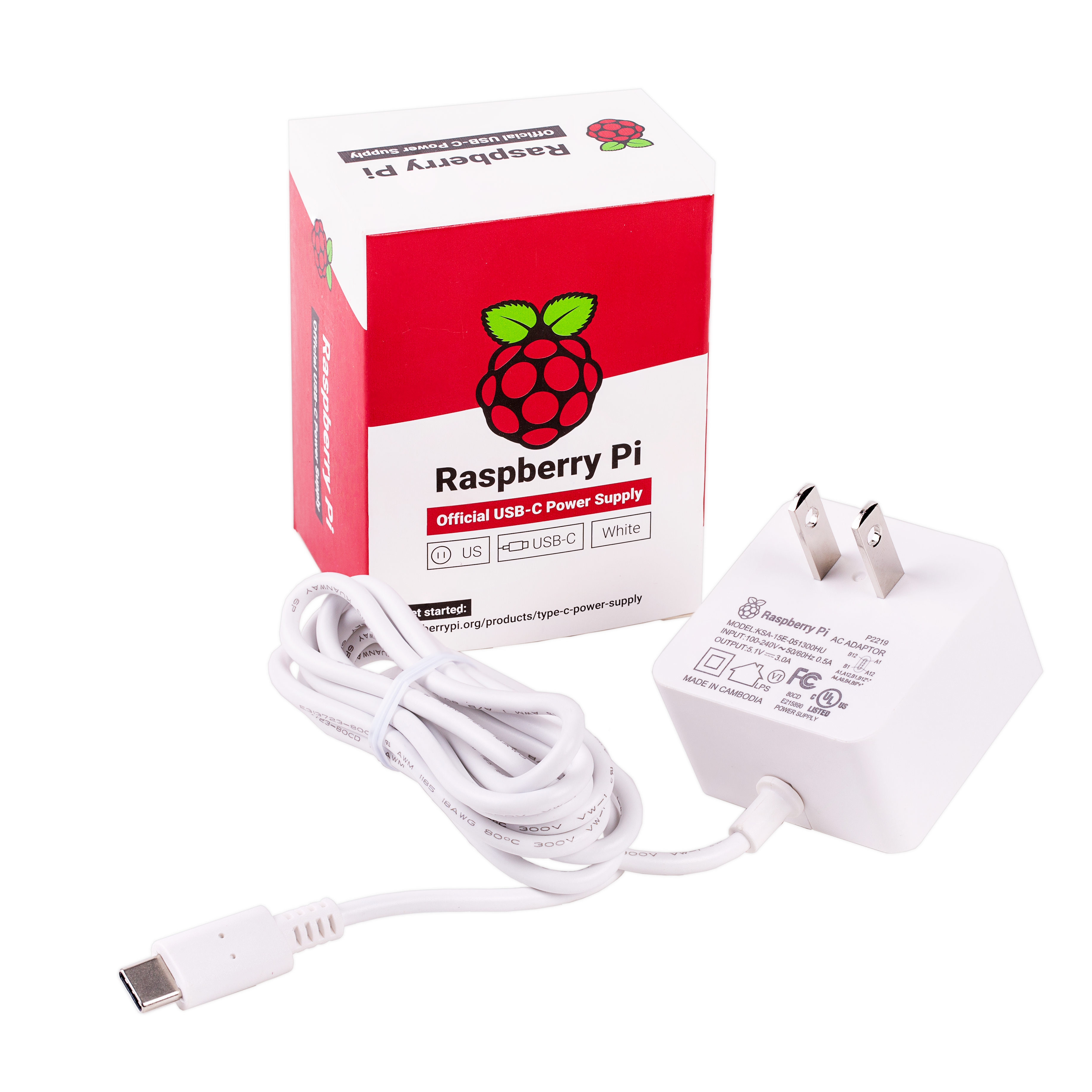 Officiële witte Raspberry Pi 5,1V/3A-voeding USB-C voor VS