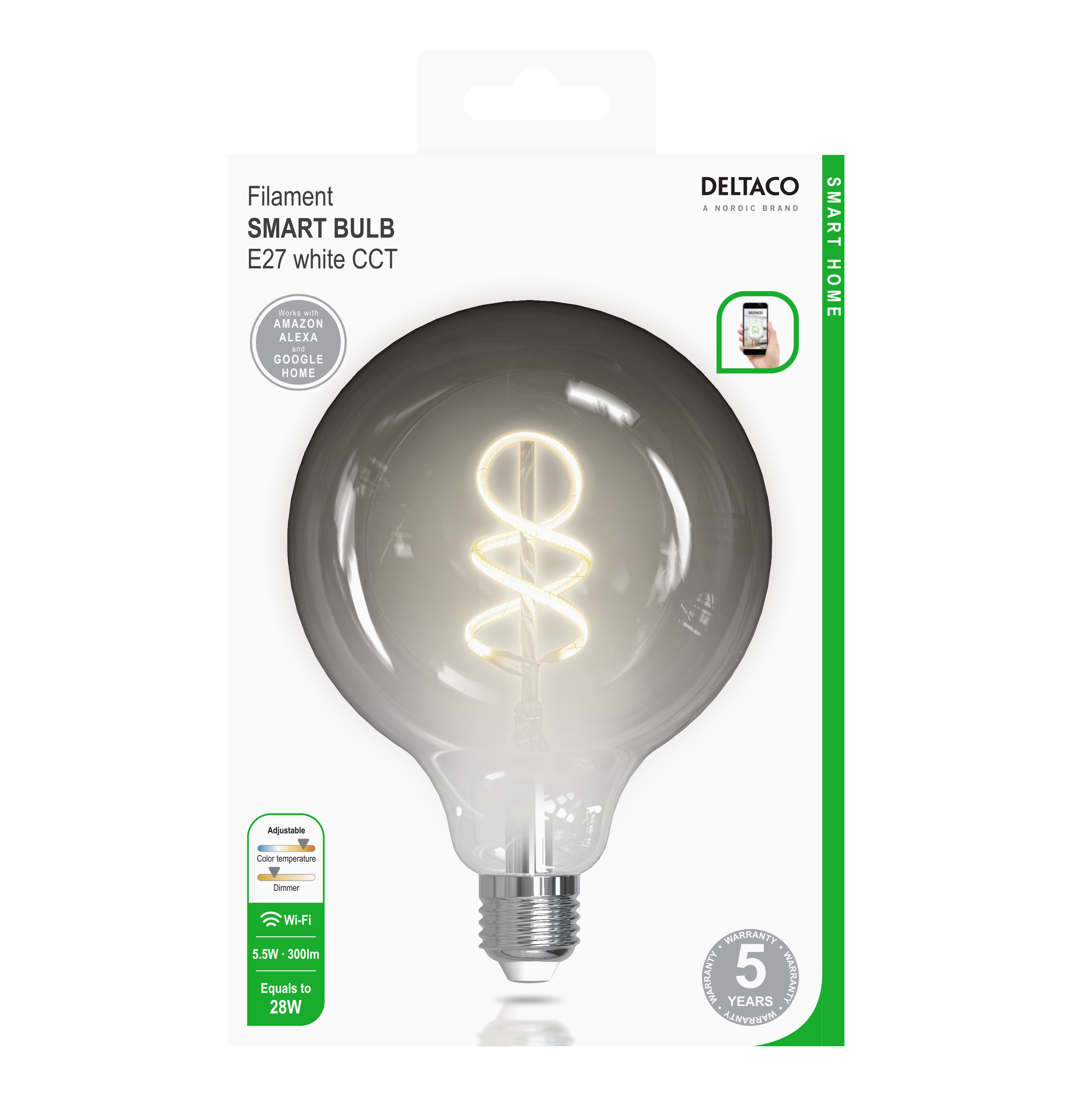 bruid klink viering DELTACO Smart Bulb E27 Spiral Filament LED Bulb 5.5W 300lm G125 WiFi –  Dimmable White LED Light - OKdo