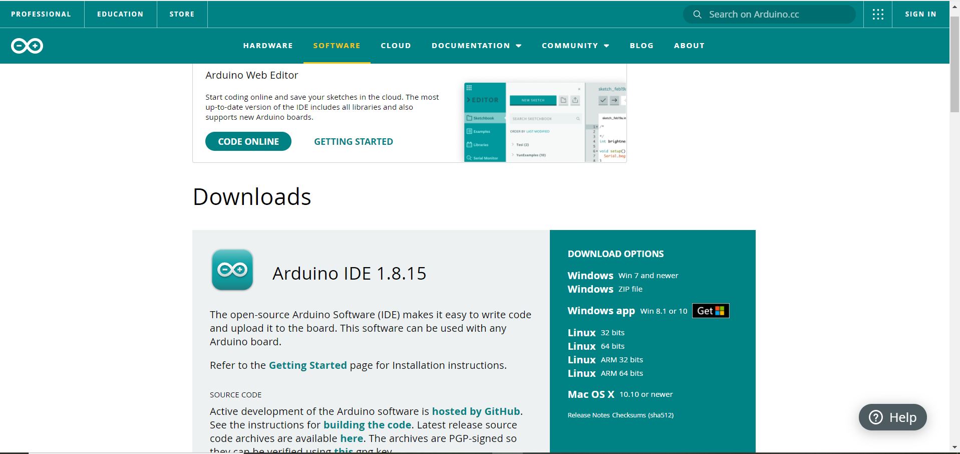 Arduino IDE download page