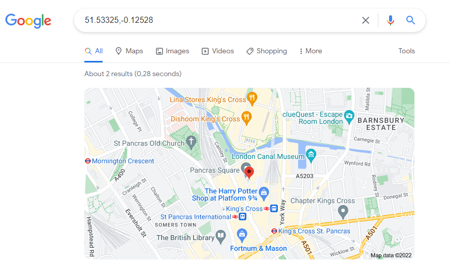 Google map displaying location coordinates