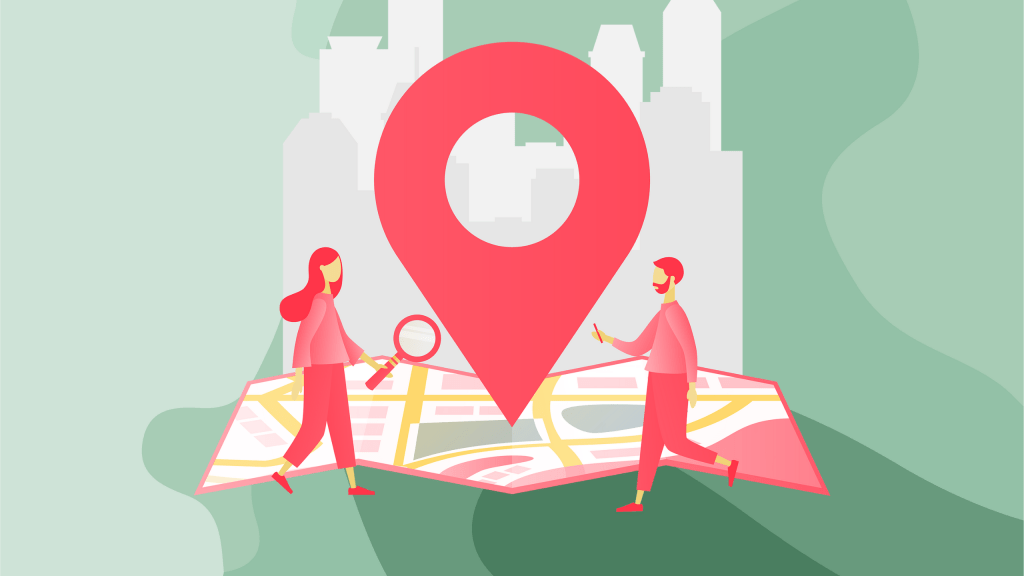 Illustration displaying two people, a map and a location icon